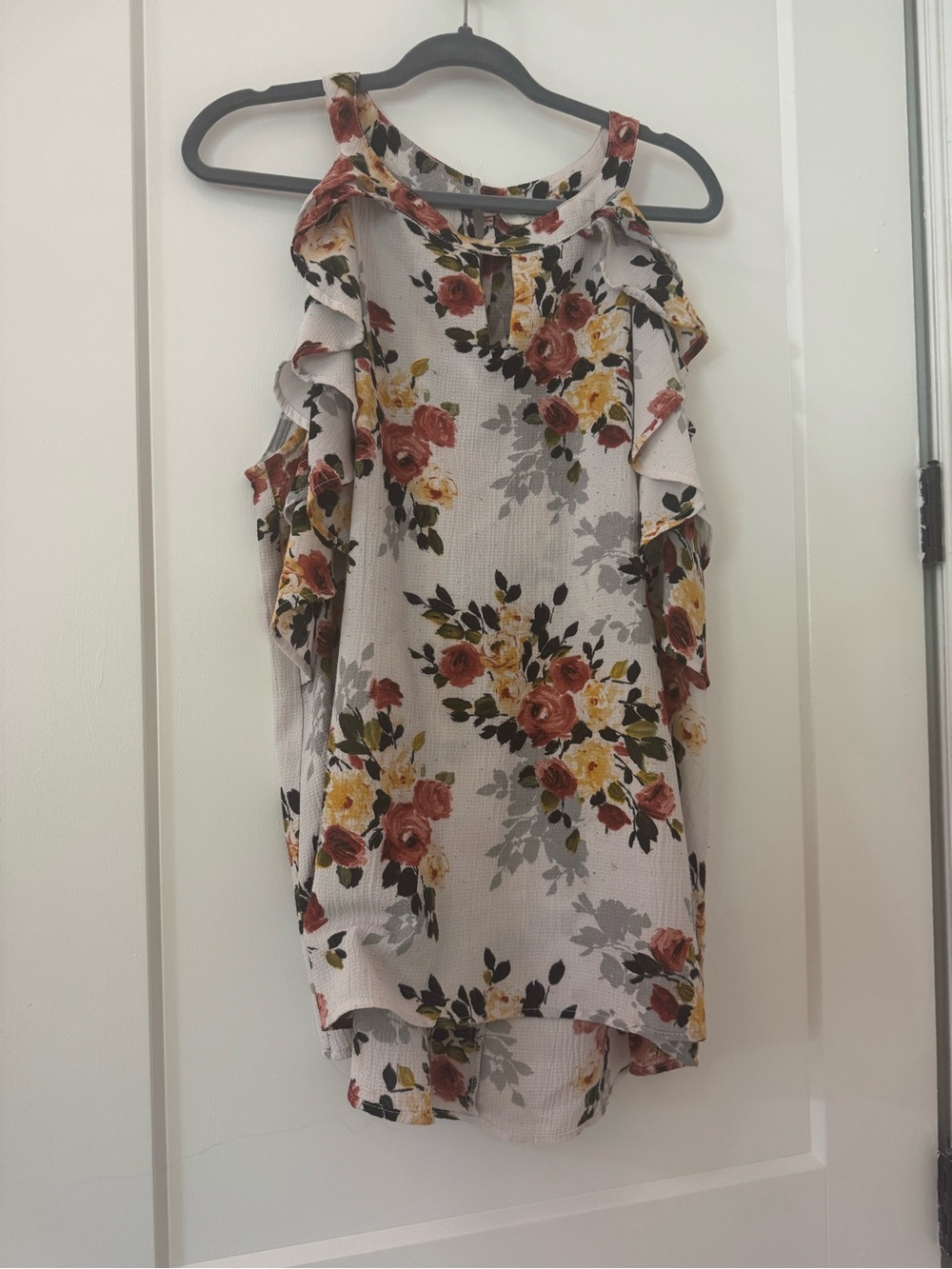Umgee White Floral Cold-Shoulder Ruffle Blouse